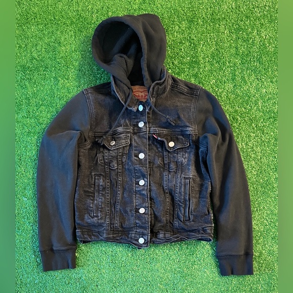 Levi's Strauss & Co Black Hybrid Denim Jacket Built in Hoodie Women's Size S - Picture 1 of 8